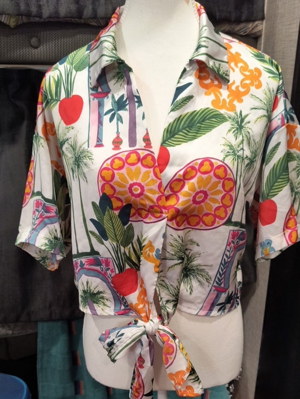 Tropical Tie-Front Crop Shirt - White Multicolor, Oversized Medium
